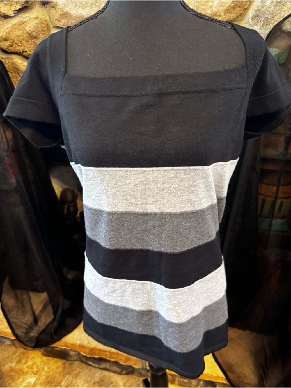 Xhilaration Black and Gray Striped Short Sleeve Knit Top